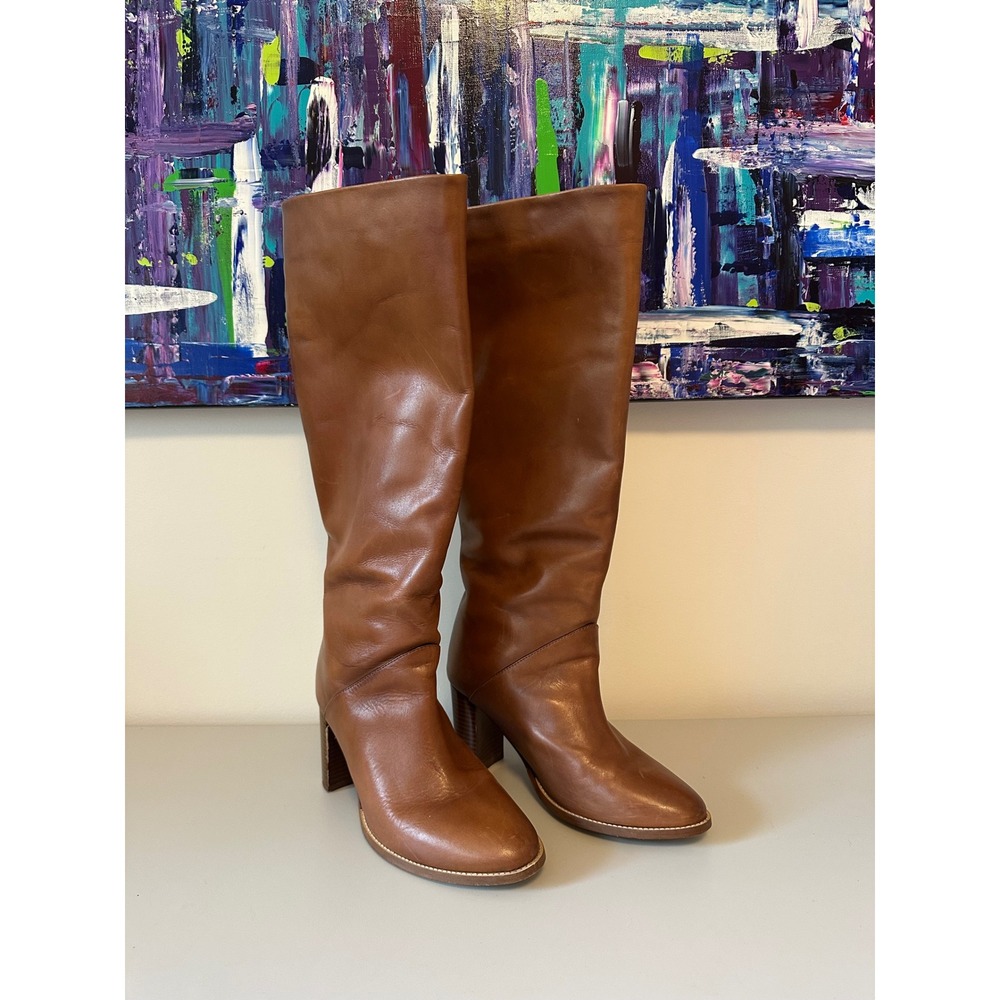 Banana Republic Tall Cognac Leather Block Heel Boots | Size 10